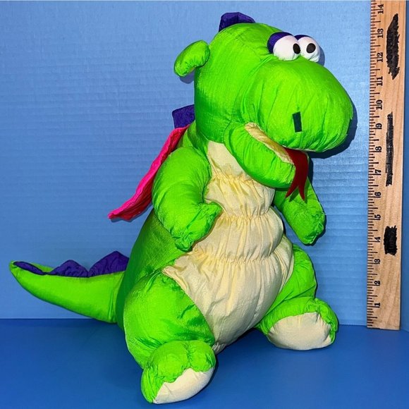 Mervyn's Playful Pals Dragon Neon Green Pink Wings Nylon 14" Plush Sound Vintage - Picture 2 of 11